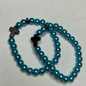 Blue Pearl Cross Bracelet Set